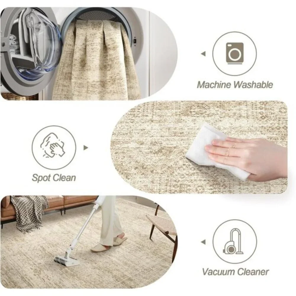 New 8x10 Washable Area Rug Vintage Beige Non-Slip Carpet for Living Room